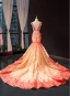 Flower Fairy Champagne Evening Dresses  2023 Trumpet / Mermaid V-Neck Sleeveless Watermelon Appliques Flower Rhinestone Beading Chapel Train Ruffle Backless