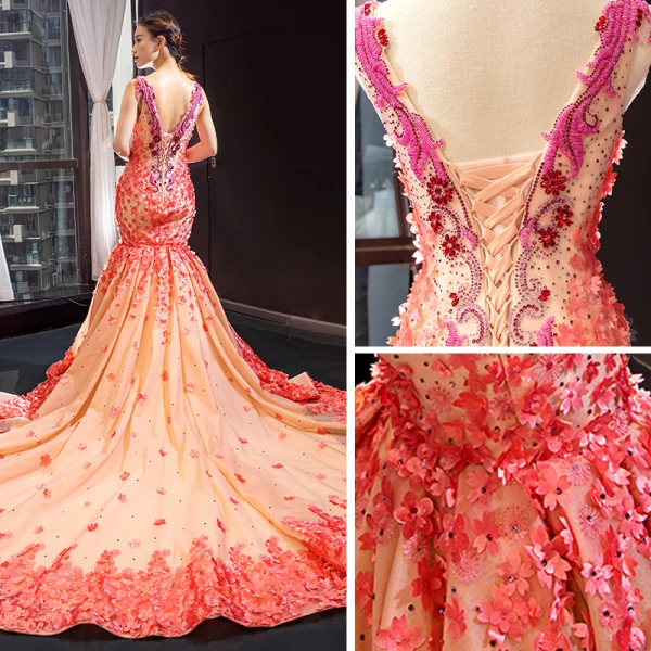 Flower Fairy Champagne Evening Dresses  2023 Trumpet / Mermaid V-Neck Sleeveless Watermelon Appliques Flower Rhinestone Beading Chapel Train Ruffle Backless