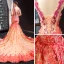 Flower Fairy Champagne Evening Dresses  2023 Trumpet / Mermaid V-Neck Sleeveless Watermelon Appliques Flower Rhinestone Beading Chapel Train Ruffle Backless