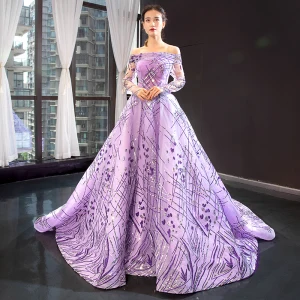 High End Lilac See Through Evening Dresses 2023 A Line Princess Off The Shoulder Long Sleeve Sequins Court Train Ruffle Backless Formal Dresses