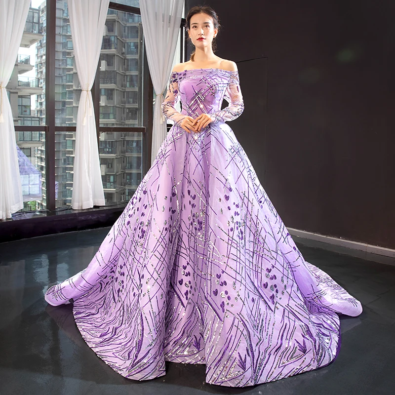 High End Lilac See Through Evening Dresses 2023 A Line Princess Off The  Shoulder Long Sleeve Sequins Court Train Ruffle Backless Formal Dresses