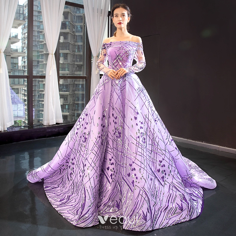 High-end Lilac See-through Evening Dresses 2023 A-Line / Princess  Off-The-Shoulder Long Sleeve Sequins Court Train Ruffle Backless Formal  Dresses