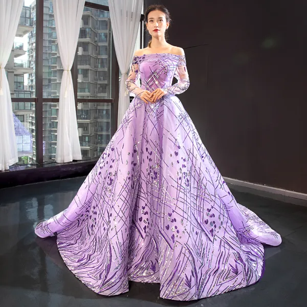 High-end Lilac See-through Evening Dresses  2023 A-Line / Princess Off-The-Shoulder Long Sleeve Sequins Court Train Ruffle Backless Formal Dresses