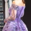 High End Lila Durchsichtige Abendkleider 2023 A Linie Off Shoulder Lange Ärmel Pailletten Hof-Schleppe Rüschen Rückenfreies Festliche Kleider