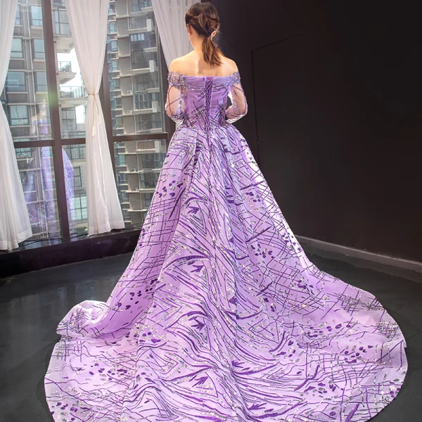 High End Lila Durchsichtige Abendkleider 2023 A Linie Off Shoulder Lange Ärmel Pailletten Hof-Schleppe Rüschen Rückenfreies Festliche Kleider