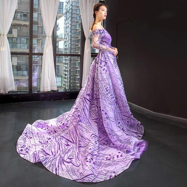 High End Lila Durchsichtige Abendkleider 2023 A Linie Off Shoulder Lange Ärmel Pailletten Hof-Schleppe Rüschen Rückenfreies Festliche Kleider