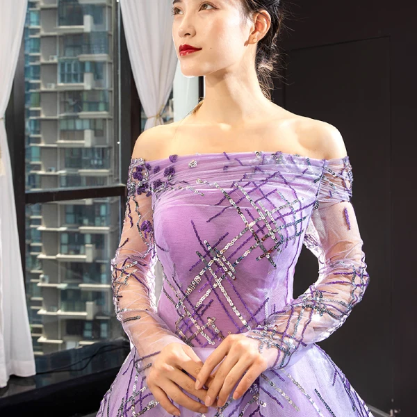 High End Lila Durchsichtige Abendkleider 2023 A Linie Off Shoulder Lange Ärmel Pailletten Hof-Schleppe Rüschen Rückenfreies Festliche Kleider