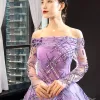 Wysokiej Klasy Liliowy Przezroczyste Sukienki Wieczorowe 2023 Princessa Przy Ramieniu Długie Rękawy Cekiny Trenem Sąd Wzburzyć Bez Pleców Sukienki Wizytowe