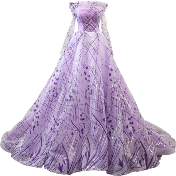High End Lila Durchsichtige Abendkleider 2023 A Linie Off Shoulder Lange Ärmel Pailletten Hof-Schleppe Rüschen Rückenfreies Festliche Kleider