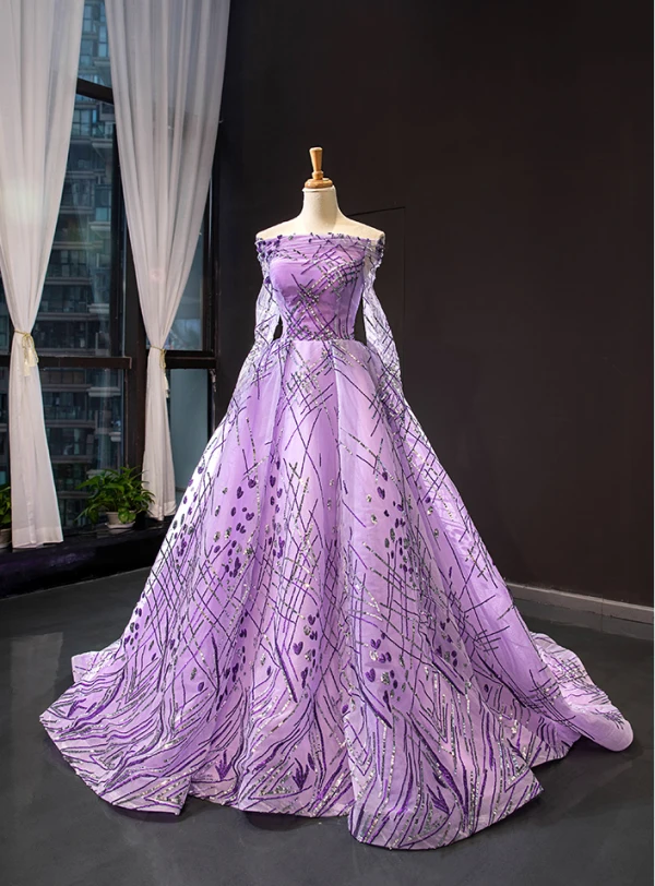 High End Lila Durchsichtige Abendkleider 2023 A Linie Off Shoulder Lange Ärmel Pailletten Hof-Schleppe Rüschen Rückenfreies Festliche Kleider