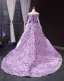 High End Lila Durchsichtige Abendkleider 2023 A Linie Off Shoulder Lange Ärmel Pailletten Hof-Schleppe Rüschen Rückenfreies Festliche Kleider