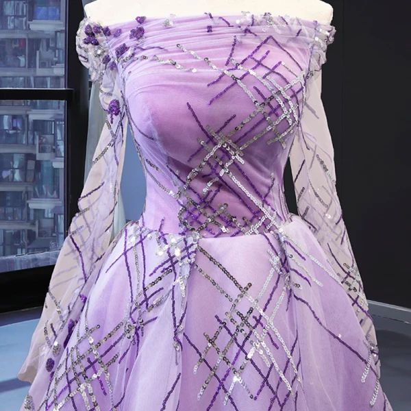 High End Lila Durchsichtige Abendkleider 2023 A Linie Off Shoulder Lange Ärmel Pailletten Hof-Schleppe Rüschen Rückenfreies Festliche Kleider