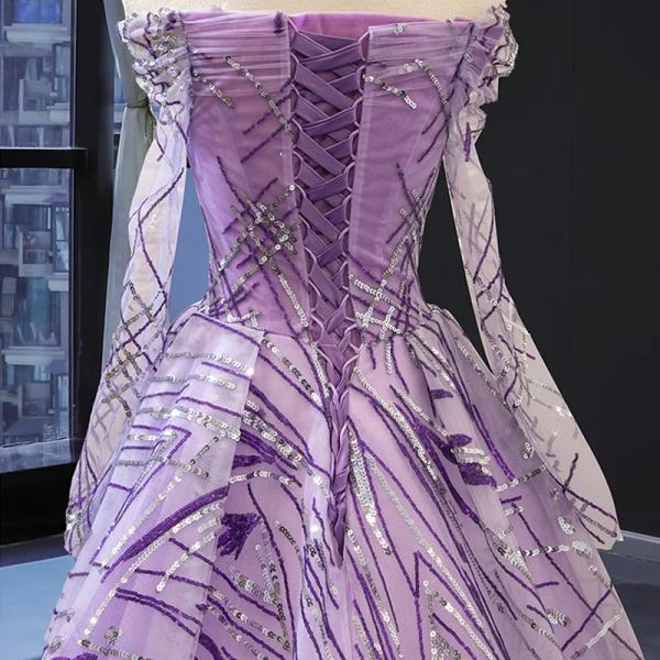 High End Lila Durchsichtige Abendkleider 2023 A Linie Off Shoulder Lange Ärmel Pailletten Hof-Schleppe Rüschen Rückenfreies Festliche Kleider