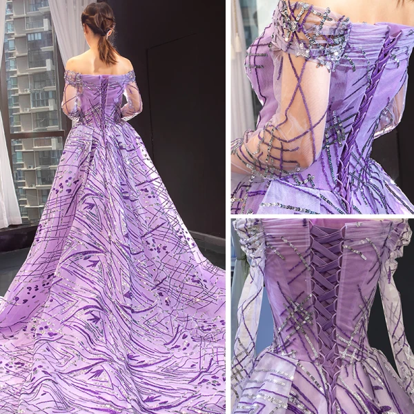 High End Lila Durchsichtige Abendkleider 2023 A Linie Off Shoulder Lange Ärmel Pailletten Hof-Schleppe Rüschen Rückenfreies Festliche Kleider