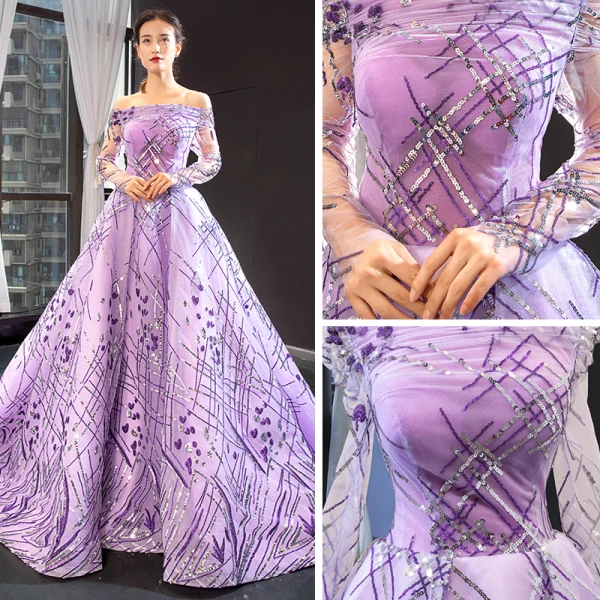 High End Lila Durchsichtige Abendkleider 2023 A Linie Off Shoulder Lange Ärmel Pailletten Hof-Schleppe Rüschen Rückenfreies Festliche Kleider