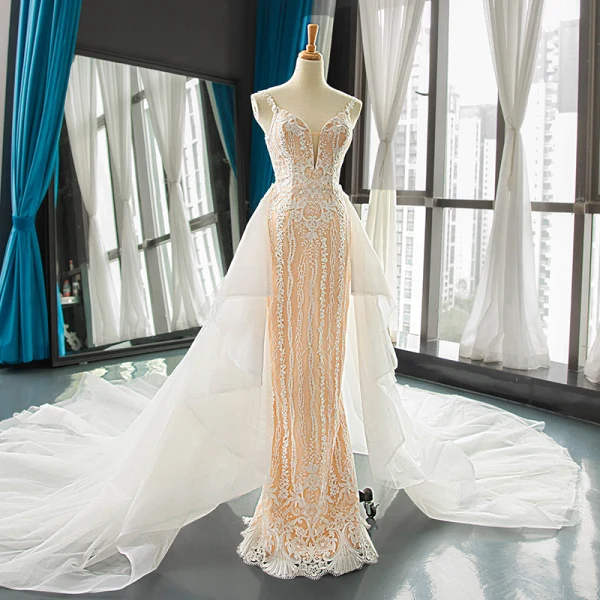 white christmas dresses Sexy Off The Shoulder Champagne Wedding Dresses | Detachable Tulle Overskirt Train Lace Bridal Gowns main image 1