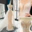 Luxus / Herrlich Champagner Brautkleider / Hochzeitskleider 2023 Meerjungfrau Spaghettiträger Ärmellos Rückenfreies Applikationen Spitze Abnehmbar Kathedrale Schleppe Rüschen
