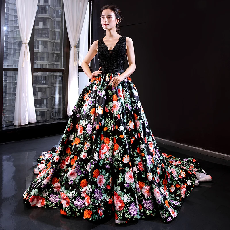 Flower Fairy Black Floral Evening Dresses 2023 A Line Princess Deep V Neck  Sleeveless Appliques Lace Beading Pearl Bow Sash Printing Satin