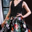 Flower Fairy Black Floral Evening Dresses  2023 A-Line / Princess Deep V-Neck Sleeveless Appliques Lace Beading Pearl Bow Sash Printing Satin