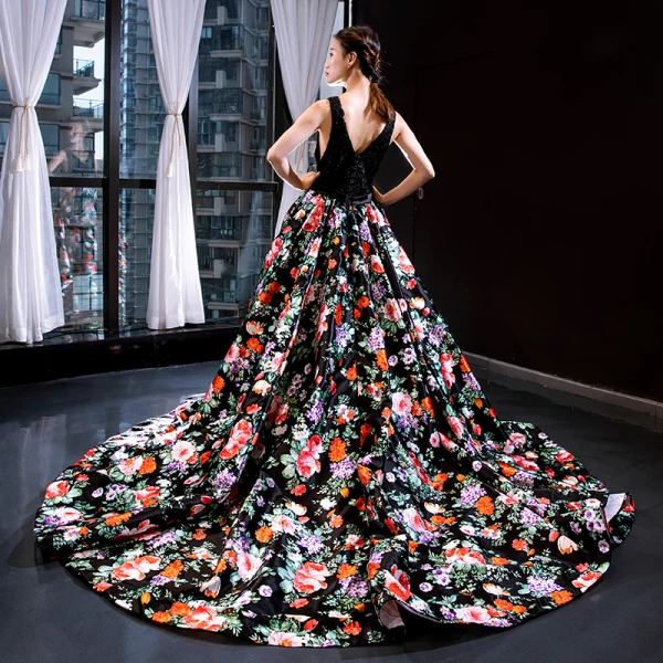 Flower Fairy Black Floral Evening Dresses  2023 A-Line / Princess Deep V-Neck Sleeveless Appliques Lace Beading Pearl Bow Sash Printing Satin
