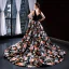 Flower Fairy Black Floral Evening Dresses  2023 A-Line / Princess Deep V-Neck Sleeveless Appliques Lace Beading Pearl Bow Sash Printing Satin