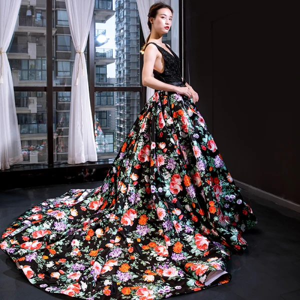 Flower Fairy Black Floral Evening Dresses  2023 A-Line / Princess Deep V-Neck Sleeveless Appliques Lace Beading Pearl Bow Sash Printing Satin