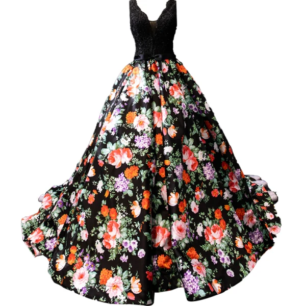 Flower Fairy Black Floral Evening Dresses  2023 A-Line / Princess Deep V-Neck Sleeveless Appliques Lace Beading Pearl Bow Sash Printing Satin