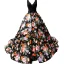 Flower Fairy Black Floral Evening Dresses  2023 A-Line / Princess Deep V-Neck Sleeveless Appliques Lace Beading Pearl Bow Sash Printing Satin
