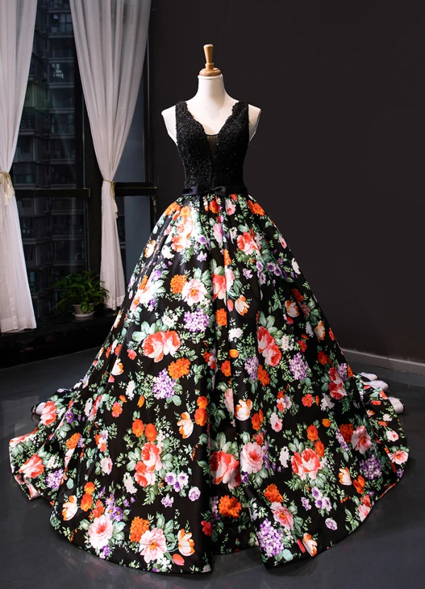 Flower Fairy Black Floral Evening Dresses  2023 A-Line / Princess Deep V-Neck Sleeveless Appliques Lace Beading Pearl Bow Sash Printing Satin