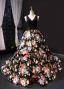 Flower Fairy Black Floral Evening Dresses  2023 A-Line / Princess Deep V-Neck Sleeveless Appliques Lace Beading Pearl Bow Sash Printing Satin