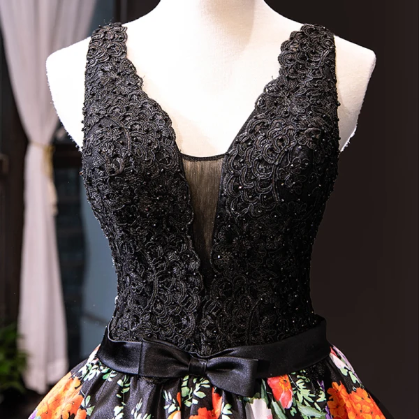 Flower Fairy Black Floral Evening Dresses  2023 A-Line / Princess Deep V-Neck Sleeveless Appliques Lace Beading Pearl Bow Sash Printing Satin