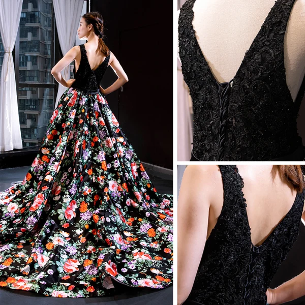 Flower Fairy Black Floral Evening Dresses  2023 A-Line / Princess Deep V-Neck Sleeveless Appliques Lace Beading Pearl Bow Sash Printing Satin
