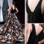 Flower Fairy Black Floral Evening Dresses  2023 A-Line / Princess Deep V-Neck Sleeveless Appliques Lace Beading Pearl Bow Sash Printing Satin
