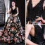 Flower Fairy Black Floral Evening Dresses  2023 A-Line / Princess Deep V-Neck Sleeveless Appliques Lace Beading Pearl Bow Sash Printing Satin