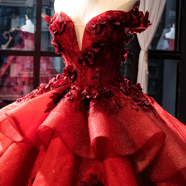 Luxury / Gorgeous Pearl Pink Red Carpet Evening Dresses  2023 Ball Gown Off-The-Shoulder Short Sleeve Glitter Tulle Appliques Flower Beading Court Train Ruffle Backless