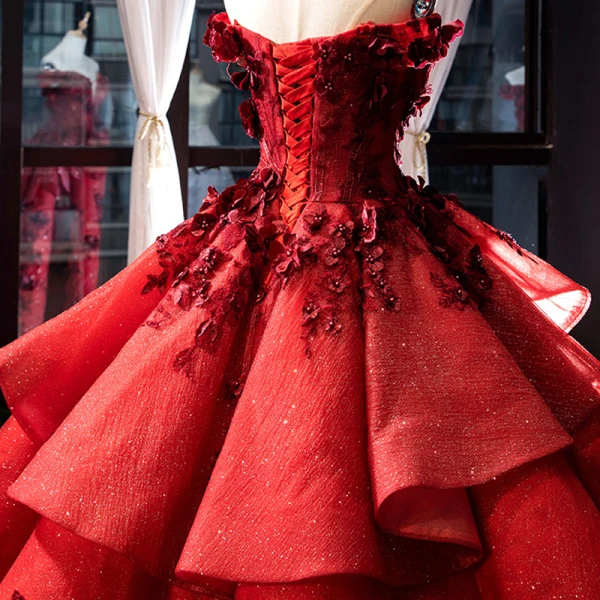 Luxury / Gorgeous Pearl Pink Red Carpet Evening Dresses  2023 Ball Gown Off-The-Shoulder Short Sleeve Glitter Tulle Appliques Flower Beading Court Train Ruffle Backless