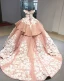 Luxury / Gorgeous Pearl Pink Red Carpet Evening Dresses  2023 Ball Gown Off-The-Shoulder Short Sleeve Glitter Tulle Appliques Flower Beading Court Train Ruffle Backless