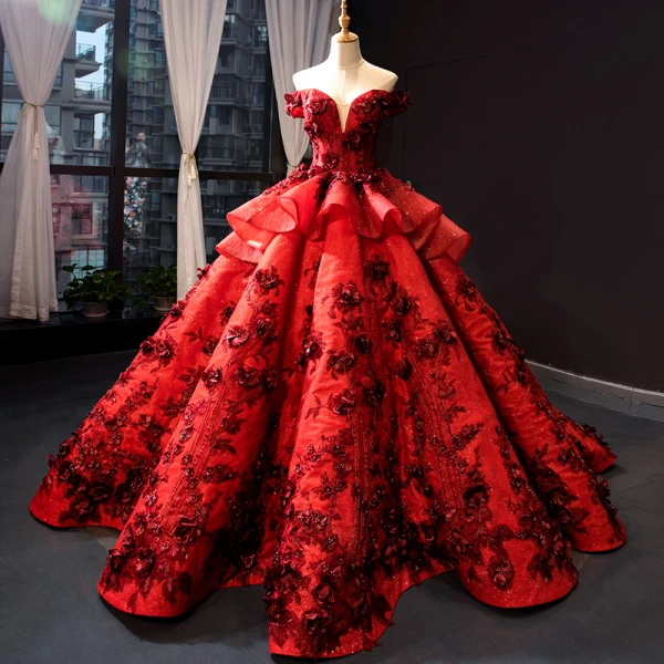 Luxury / Gorgeous Pearl Pink Red Carpet Evening Dresses  2023 Ball Gown Off-The-Shoulder Short Sleeve Glitter Tulle Appliques Flower Beading Court Train Ruffle Backless