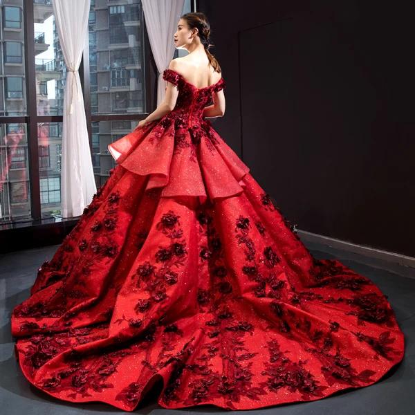 Luxury / Gorgeous Pearl Pink Red Carpet Evening Dresses  2023 Ball Gown Off-The-Shoulder Short Sleeve Glitter Tulle Appliques Flower Beading Court Train Ruffle Backless
