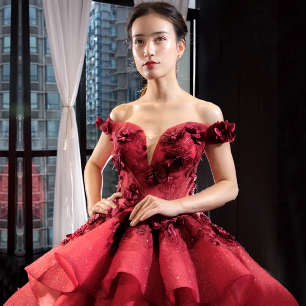 Luxury / Gorgeous Pearl Pink Red Carpet Evening Dresses  2023 Ball Gown Off-The-Shoulder Short Sleeve Glitter Tulle Appliques Flower Beading Court Train Ruffle Backless