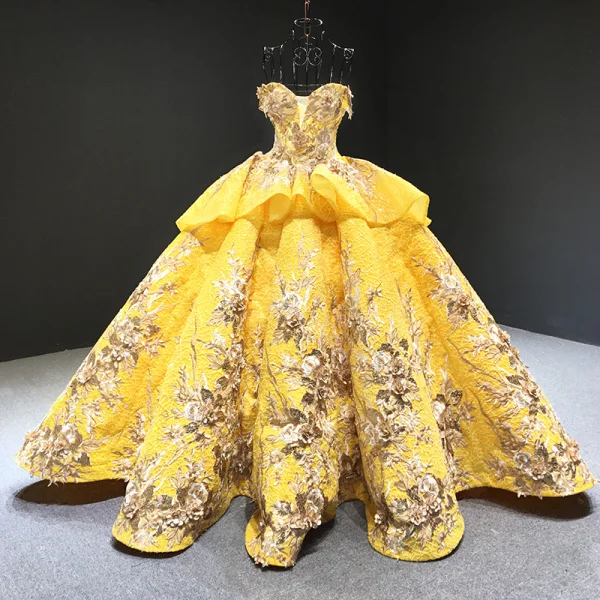 Luxury / Gorgeous Pearl Pink Red Carpet Evening Dresses  2023 Ball Gown Off-The-Shoulder Short Sleeve Glitter Tulle Appliques Flower Beading Court Train Ruffle Backless