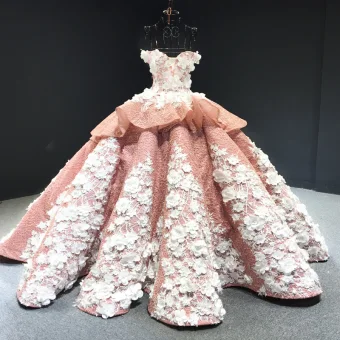 Luxury Gorgeous Pearl Pink Red Carpet Evening Dresses 2023 Ball Gown Off The Shoulder Short Sleeve Glitter Tulle Appliques Flower Beading Court Train Ruffle Backless
