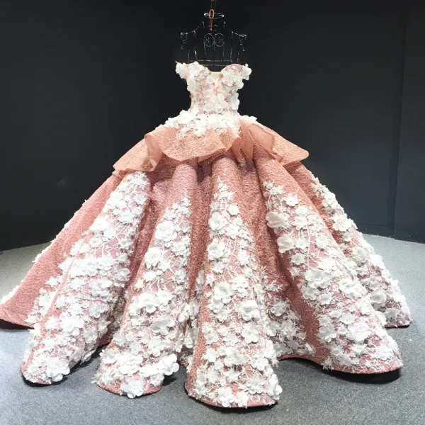 Luxury / Gorgeous Pearl Pink Red Carpet Evening Dresses  2023 Ball Gown Off-The-Shoulder Short Sleeve Glitter Tulle Appliques Flower Beading Court Train Ruffle Backless