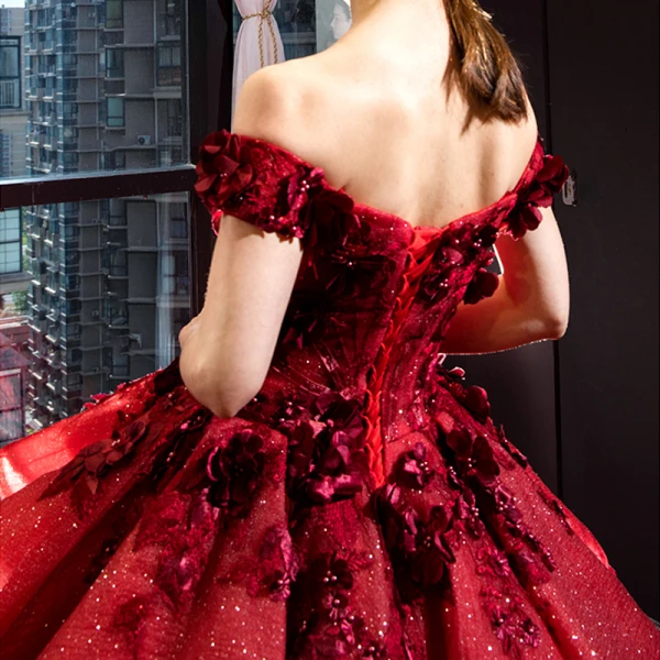Luxury / Gorgeous Pearl Pink Red Carpet Evening Dresses  2023 Ball Gown Off-The-Shoulder Short Sleeve Glitter Tulle Appliques Flower Beading Court Train Ruffle Backless
