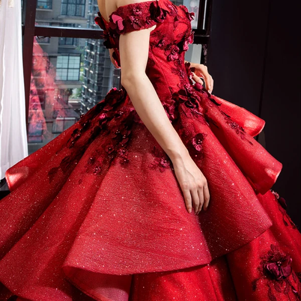 Luxury / Gorgeous Pearl Pink Red Carpet Evening Dresses  2023 Ball Gown Off-The-Shoulder Short Sleeve Glitter Tulle Appliques Flower Beading Court Train Ruffle Backless