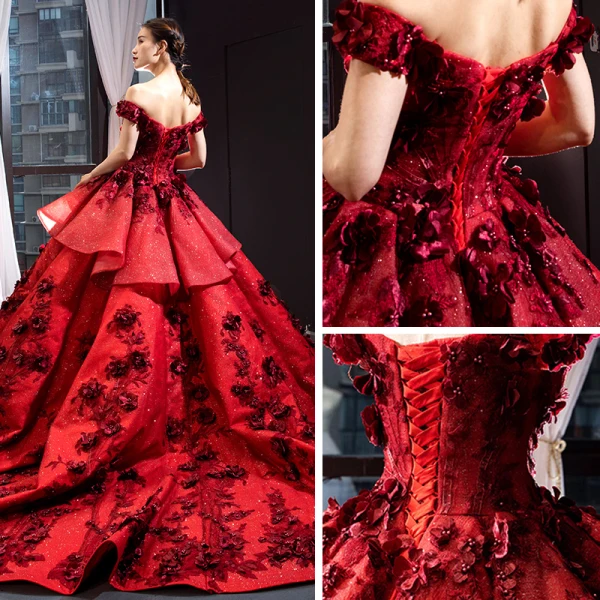 Luxury / Gorgeous Pearl Pink Red Carpet Evening Dresses  2023 Ball Gown Off-The-Shoulder Short Sleeve Glitter Tulle Appliques Flower Beading Court Train Ruffle Backless