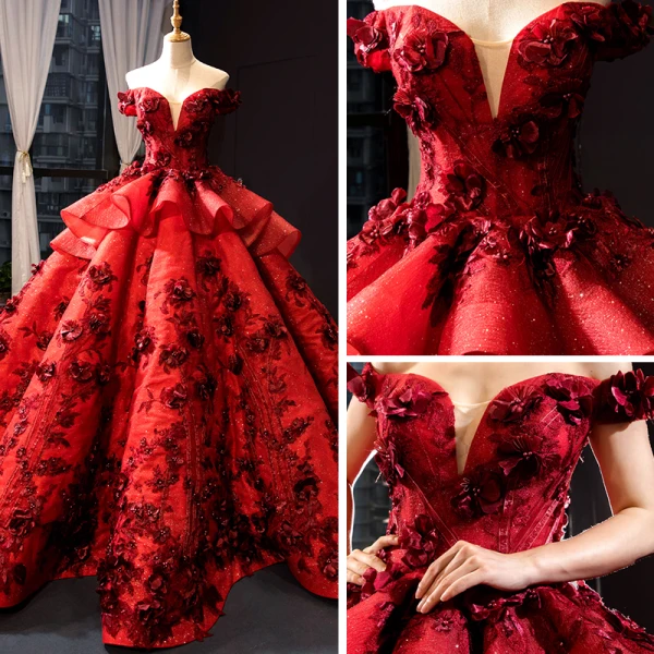 Luxury / Gorgeous Pearl Pink Red Carpet Evening Dresses  2023 Ball Gown Off-The-Shoulder Short Sleeve Glitter Tulle Appliques Flower Beading Court Train Ruffle Backless