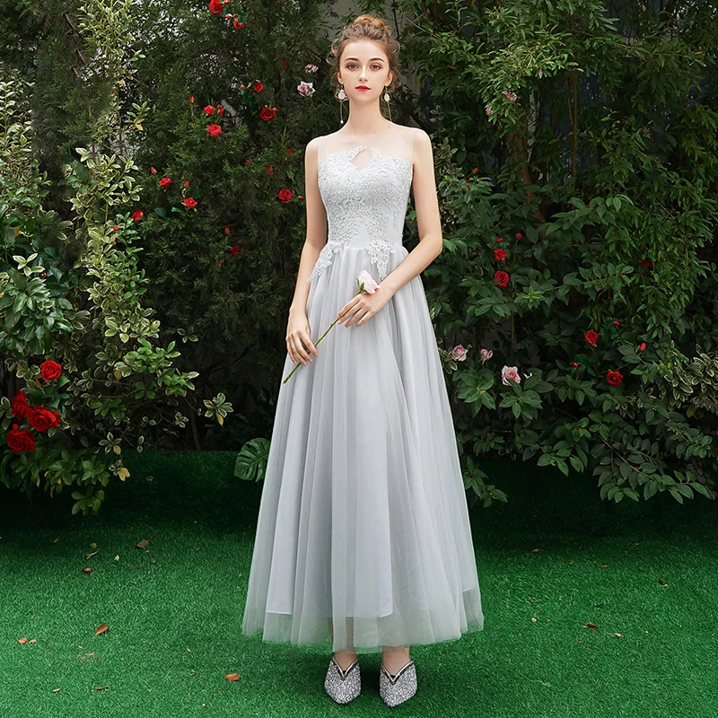 Affordable Grey See-through Bridesmaid Dresses 2019 A-Line / Princess Sleeveless Appliques Lace Floor-Length / Long Ruffle Wedding Party Dresses