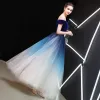Glamorous Royal Blue Gradient-Color Ivory Suede Prom Dresses 2019 A-Line / Princess Off-The-Shoulder Short Sleeve Sash Floor-Length / Long Ruffle Backless Formal Dresses