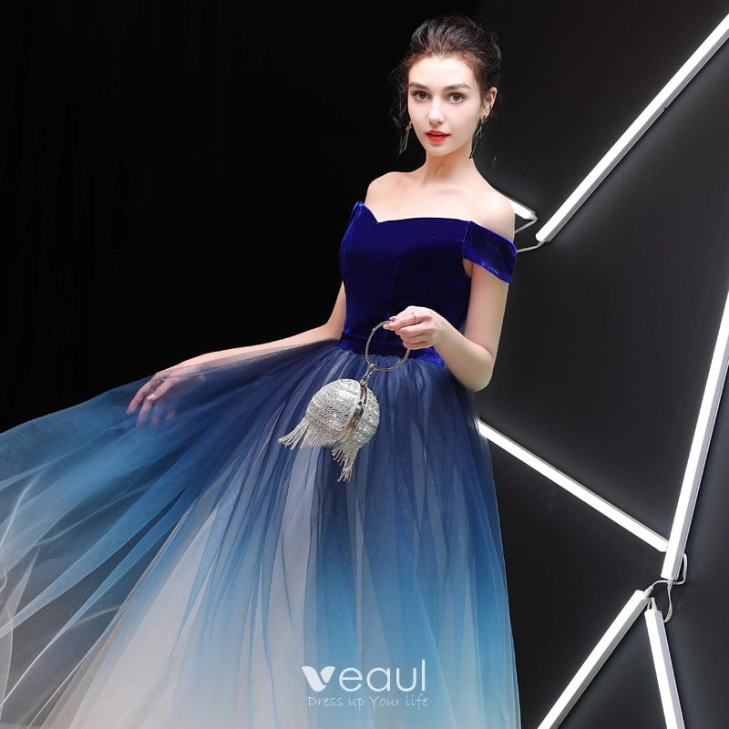 Glamorous Royal Blue Gradient-Color Ivory Suede Prom Dresses 2019 A ...